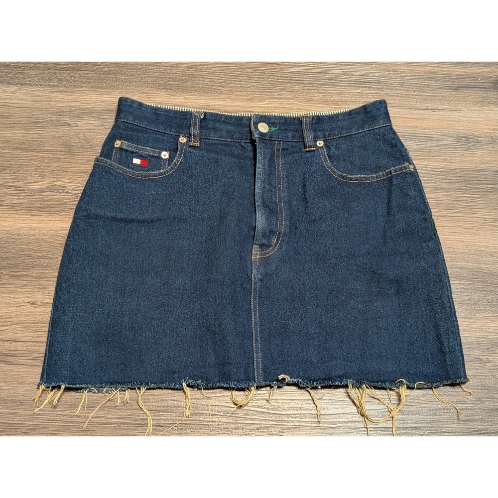 Tommy Hilfiger Vintage Denim‎ Mini Skirt Dark Wash Raw Hem Size 10 Womens